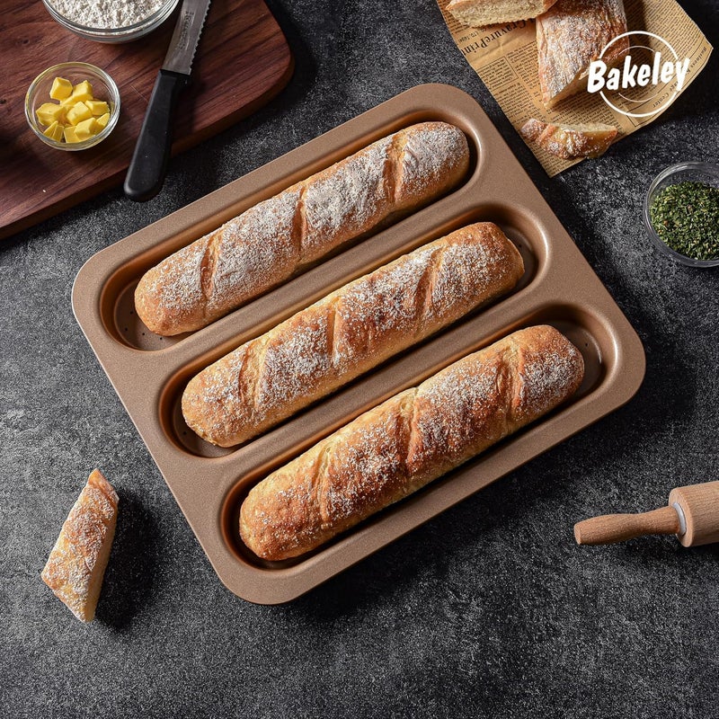 Bakeley French Bread Baking Pan, 3 Wave Non Stick Baguette Pan for Oven, Metal Loaf Pan for Toast Cooking 15." x 12.6" (Champagne Gold) - Image 3